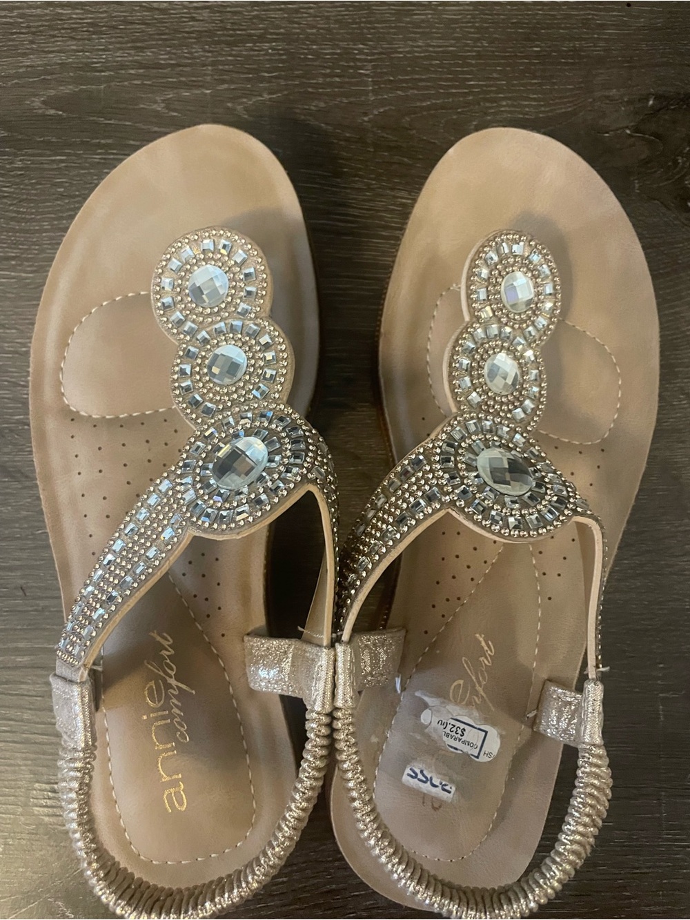 Annie Bejeweled Nude/Taupe T-Strap Sandals